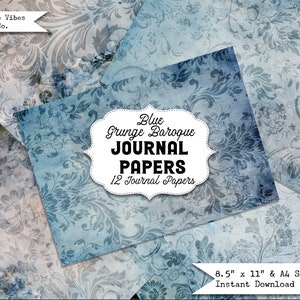 Junk journal papers blauw grunge barok, getextureerde vintage junk journal papers, instant download afdrukbare digitale junk journal paper kit