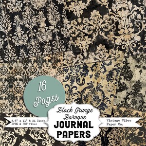 Black Shabby baroque backgrounds Junk journal digital papers, grungy textured mixed media themed papers for dark themed grunge journal