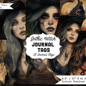 Gothic Hexe Junk Journal Tags, gothic Ephemera sofort download druckbare Junk Journal Seiten, Halloween Junk Journal Karten 12 Tags