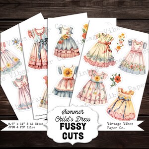 Child&#39;s summer dress junk journal fussy cuts, fashion junk journal ephemera, collage cut outs, digital ephemera printable, vintage dress