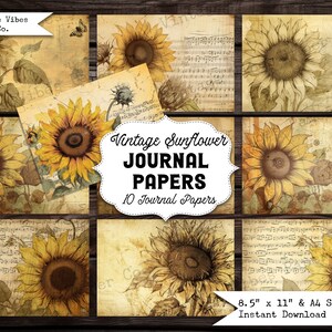 Vintage Sunflowers Junk journal papers, vintage grunge botanical floral junk journal pages, junk journal digital kit, junk journal printable