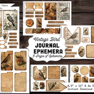 Vintage Bird Junk-dagboek ephemera-kit, uitsnijdingen voor junkjournalen voor insteekbladen, vakken voor junkjournalen, dagboekkaarten, tags en meer