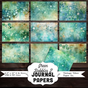 Papéis de diário Green Bubbles Watercolor Junk, papéis imprimíveis digitais para download instantâneo para scrapbooking, diário e cartões, mídia mista