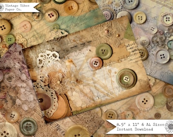 Junk Journal Papers Rustic Grunge sewing, vintage style collection of printable grungy digital paper, lace & button vintage sewing journal