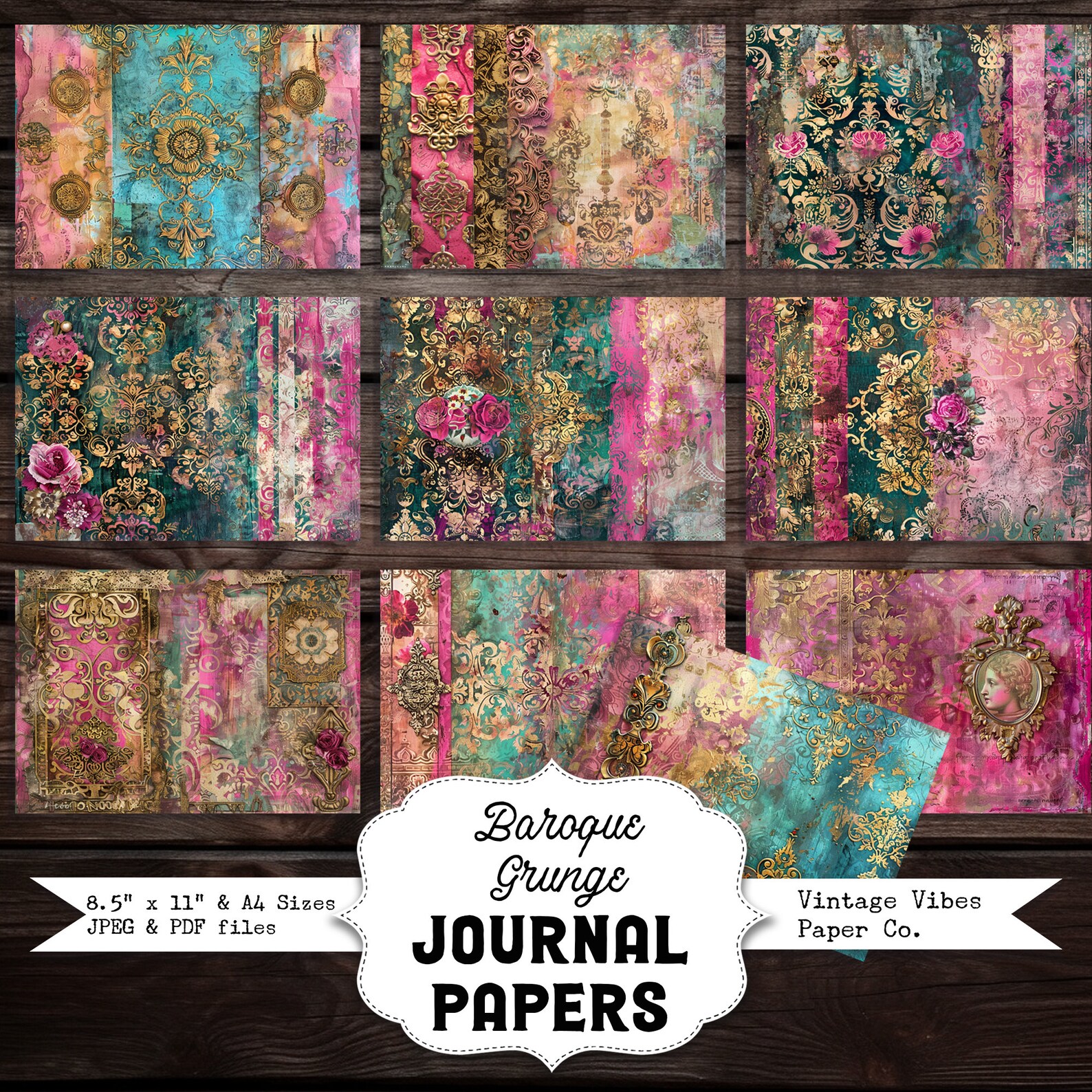 Junk Journal Printable Papers Grunge Baroque, Distress Mixed Media ...