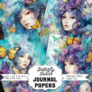 Papiers pour carnet de notes papillon dames, Aqua et jaune papillon orientation portrait papiers imprimables pour le scrapbooking et la journalisation des indésirables