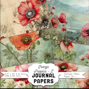 Grunge Poppies Junk Journal Papier Pack, digitale rote Mohnpapiere für Scrapbooking und Junk Journaling, Printable für Junk Journal Papier