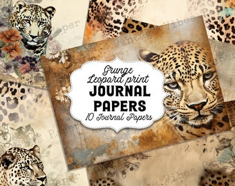 Grunge leopard print junk journal paper kit, 10 page digital download printable scrapbooking and junk journal pages, animal junk journal