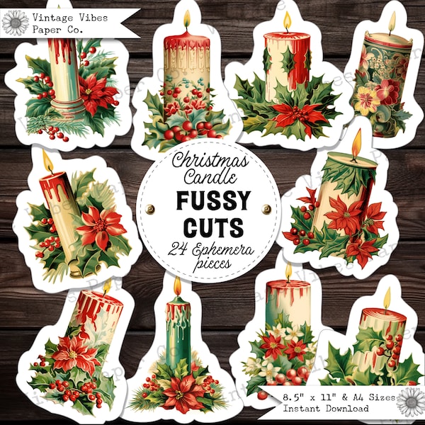 Christmas candle fussy cut ephemera for junk journals, 24 collage cut outs for scrapbooking & crafts, digital ephemera sheets printable page