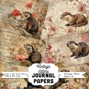 Carte per album stampabili Junk journal Vintage Otter, kit per diario digitale spazzatura, carte a tema vintage neutre floreali morbide per diario degli animali