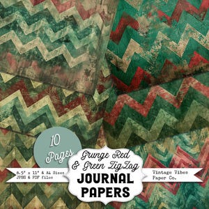 May include: Ten digital paper designs featuring a red and green chevron pattern with a grunge texture. The papers are 8.5 inches by 11 inches and available in JPEG and PDF formats. The text "Grunge Red & Green Zig Zag Journal Papers" is displayed on the image.