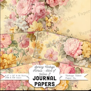 Junk journal digital paper pack spring florals yellow floral, vintage collage sheet pink & yellow flowers, printable papers for junk journal
