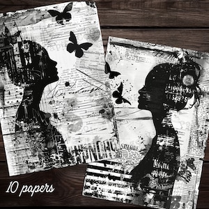 Black & White Ink Saver Grunge Silhouette Junk Journal Printable Papers ...