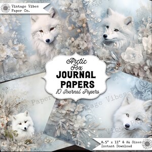 Vintage Christmas Junk journal papiers floraux de journal de renard arctique, page de journal animal papier imprimable, papier collage numérique pour journal