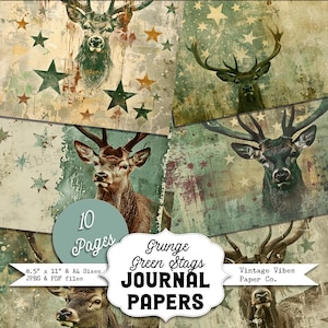 Papiers pour carnet de notes cerf et étoiles vert grunge, papiers de collage techniques mixtes grungy de Noël pour la journalisation, la fabrication de cartes et le scrapbooking