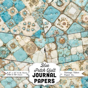 Blue Patchwork junk journal papers, collage mixed media digital paper pack, instant download scrapbooking papers, blue theme vintage journal