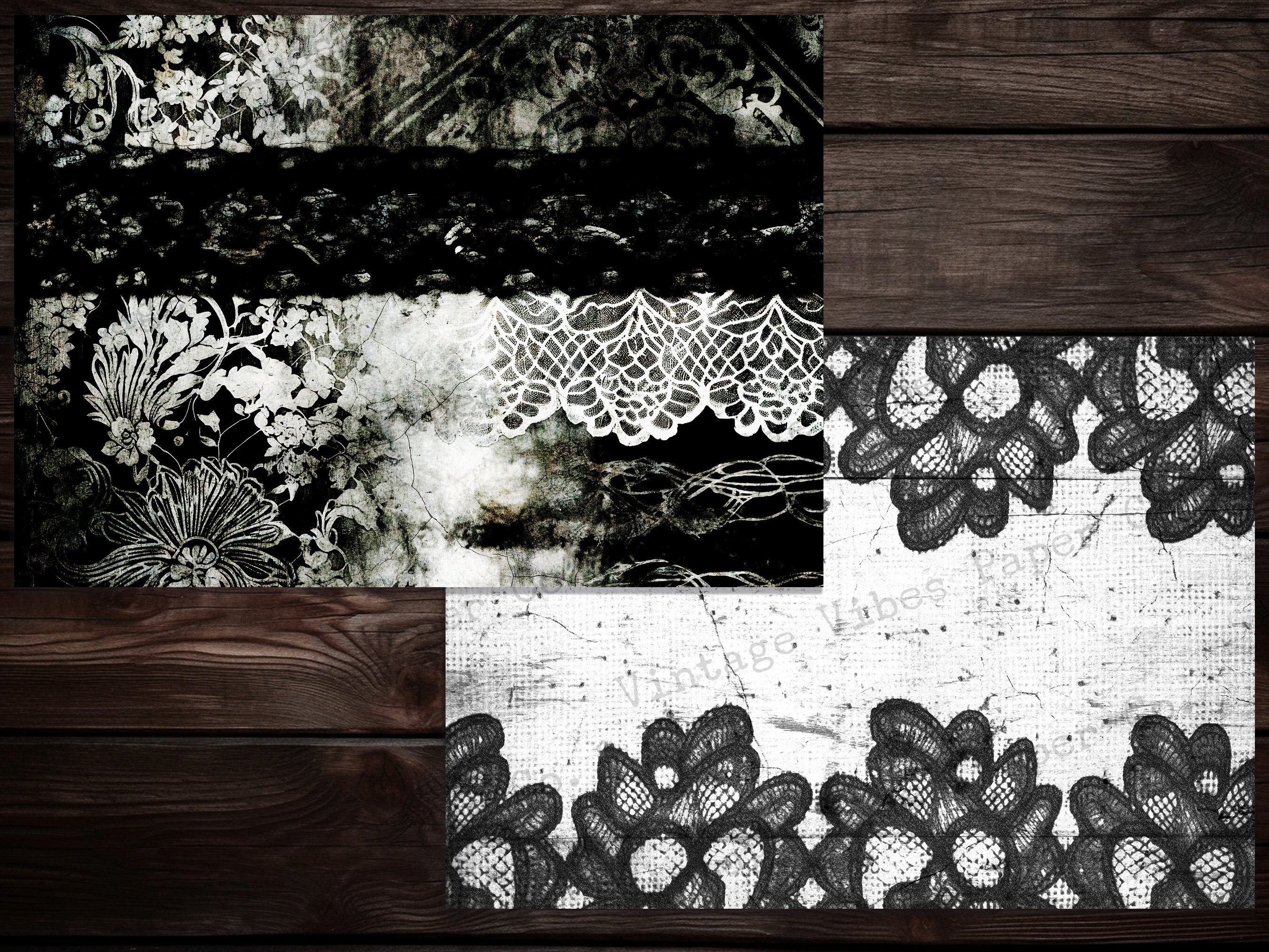 Junk Journal Papers Black and White Grunge Lace, Digital Pages for Junk ...