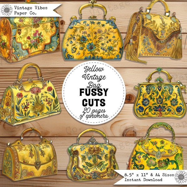 Junk Journal fussy cut ephemera vintage Pink Vintage Yellow handbags, collage ephemera cut outs vintage fashion printable journal ephemera