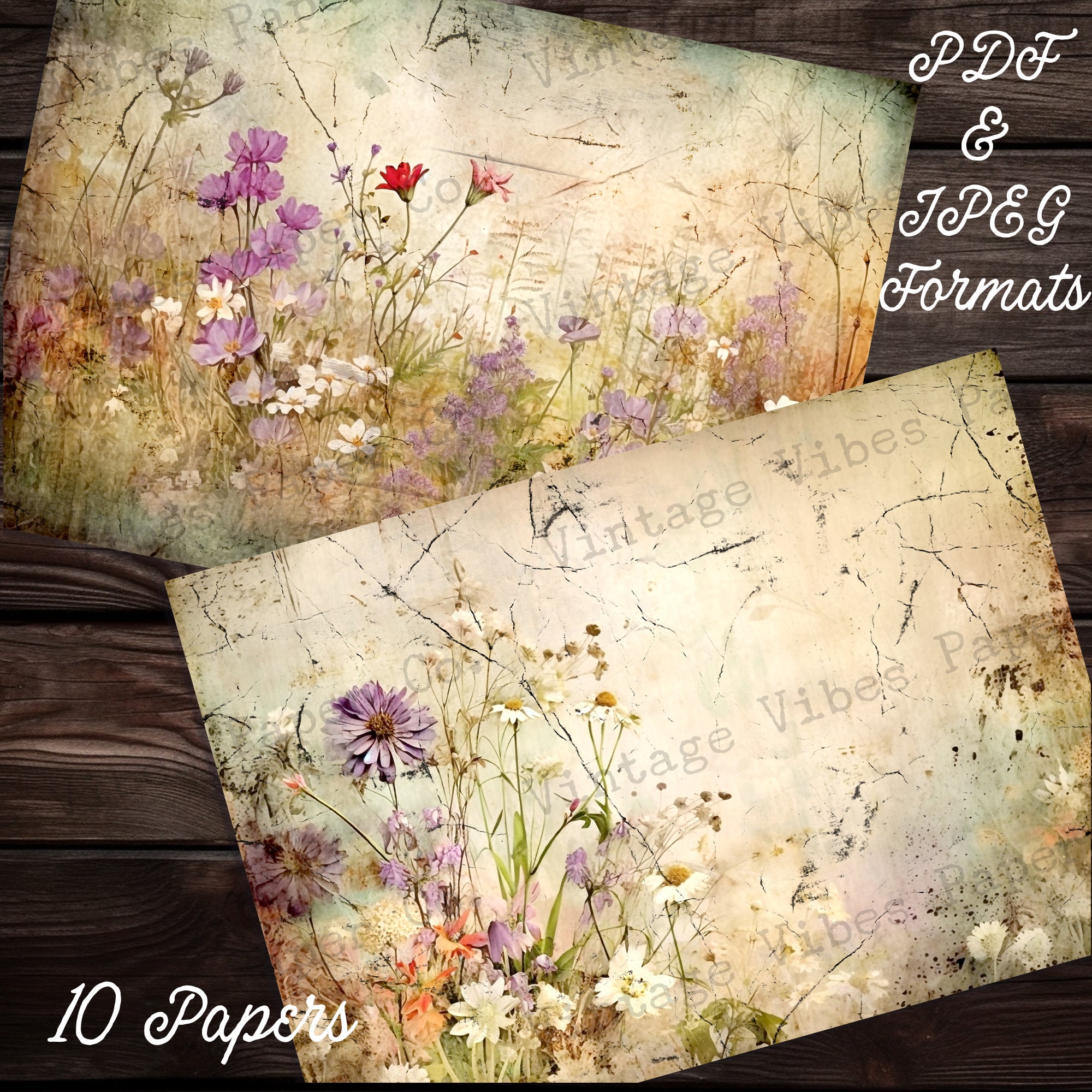 Grunge Wildflowers Junk Journal Papers, Digital Mixed Media Collage ...
