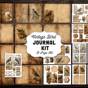 Kit de journal indésirable vintage oiseaux, kit de journal indésirable numérique texturé grungy vintage, étiquettes de papiers imprimables, éphémères et enveloppes 19 pages