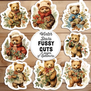 Christmas Bears junk journal fussy cuts, Festive winter bear junk journal ephemera, collage cut outs, digital ephemera printable sheets