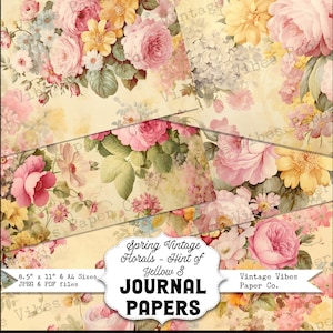 Junk journal digital paper pack spring florals yellow floral, vintage collage sheet pink & yellow flowers, printable papers for junk journal