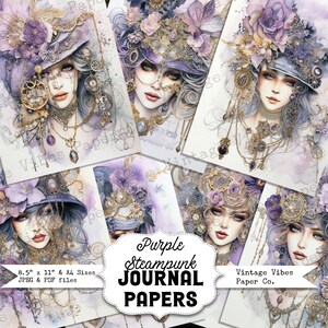 Diario spazzatura viola Steampunk presenta carte per album stampabili, kit per diario digitale della spazzatura, carte a tema vintage viola tenui per diario spazzatura