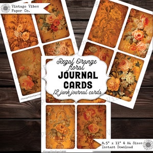 Cartões de diário de lixo de flores laranja reais, 12 cartões de registro no diário para imprimir coisas efêmeras de estilo vintage floral barroco de outono, scrapbooking e artesanato