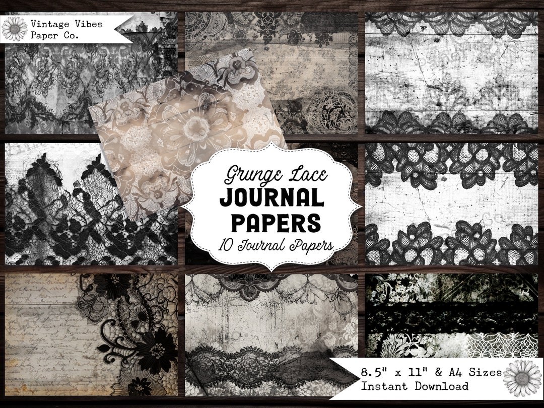 Junk Journal Papers Black and White Grunge Lace, Digital Pages for Junk ...