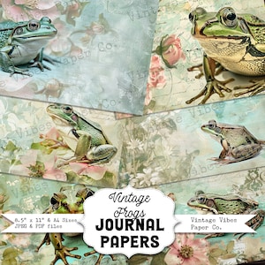 Diario spazzatura Vintage Frogs carte scrapbook stampabili, kit diario spazzatura digitale, carte a tema vintage verde floreale autunnale per diario animale