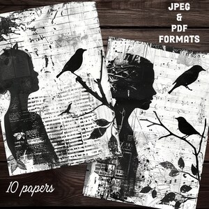 Black & White Ink Saver Grunge Silhouette Junk Journal Printable Papers ...