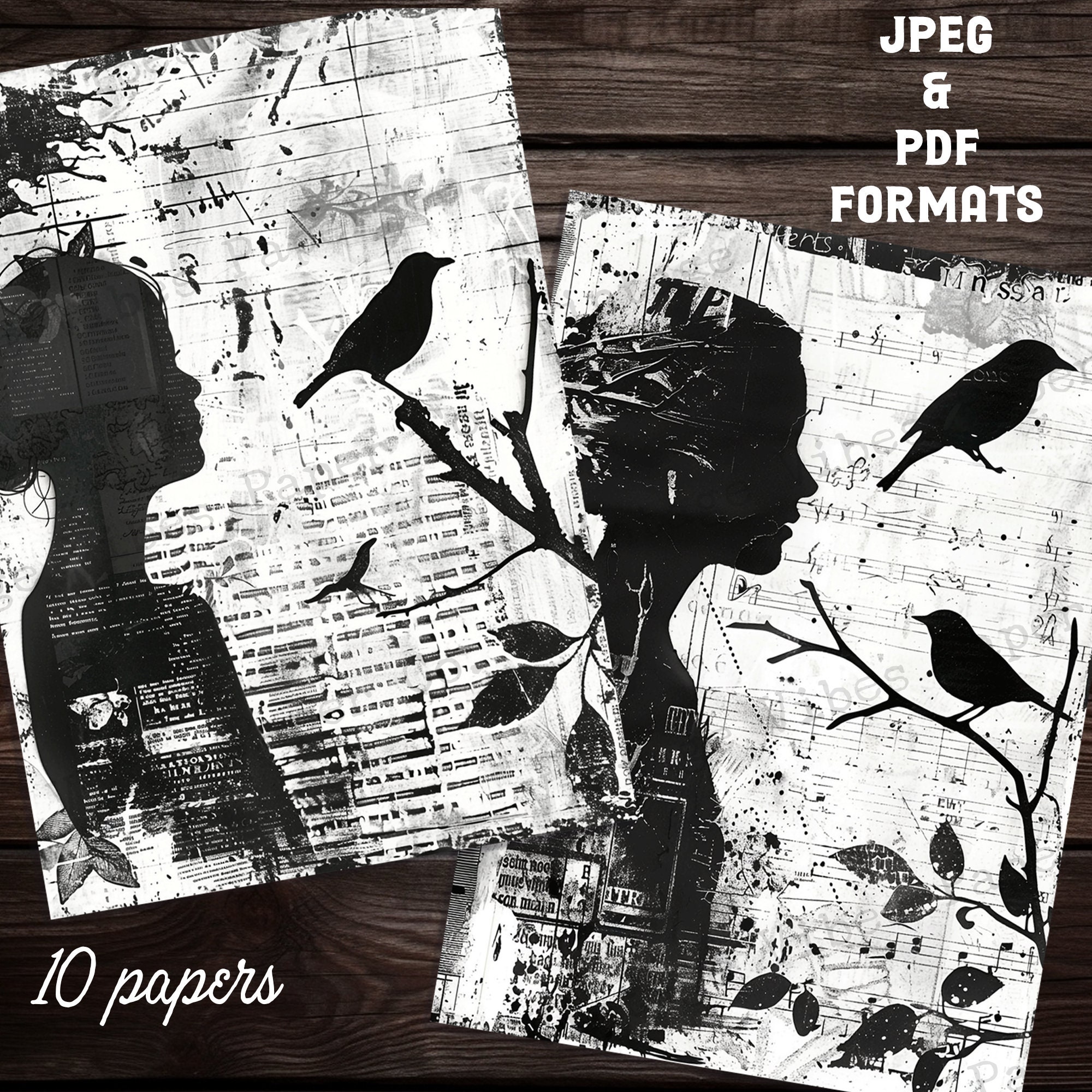 Black & White Ink Saver Grunge Silhouette Junk Journal Printable Papers ...