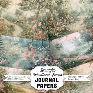 Papiers numériques pour journal de belles scènes de la forêt, papiers d'arrière-plan boisés pastel de style vintage pour le scrapbooking, le collage et plus