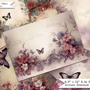 Vintage style junk journal pages, Grunge butterfly floral papers, digital junk journal papers, victorian florals for junk journaling