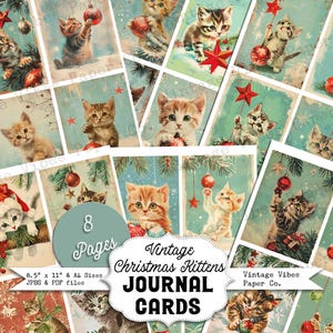 Cartes de journal indésirable chatons de style vintage, format d'un quart de page éphémère de journal indésirable numérique, décorations de cartes de Noël de style rétro