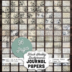Black Shabby backgrounds bundle of Junk journal digital papers, grungy floral mixed media themed background papers for scrapbooking 96 page