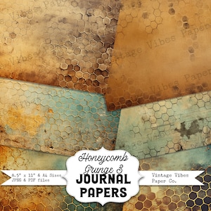 Puede incluir: Cuatro texturas de papel digital con un patrón de panal en tonos marrones, azules y dorados. Los papeles están desgastados y tienen un aspecto vintage. El texto "Honeycomb Grunge 3 JOURNAL PAPERS" está en un círculo blanco con un borde dorado. El texto "Vintage Vibes Paper Co." está en un rectángulo negro con un borde blanco. El texto "8.5" x 11" & A4 Sizes. JPEG & PDF files" está en un rectángulo blanco con un borde dorado.