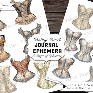 Junk Journal ephemera vintage fashion korset, victoriaanse stijl junk journal efemere, digitale junk journal kit, vintage korset kieskeurige coupes