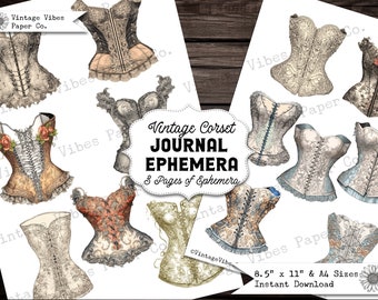 Junk Journal ephemera vintage fashion corset, victorian style junk journal ephemera, digital junk journal kit, vintage corset fussy cuts