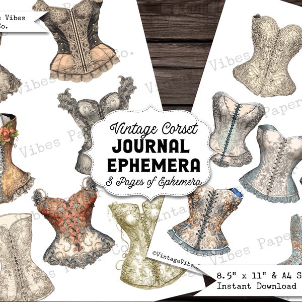 Junk Journal ephemera vintage fashion corset, victorian style junk journal ephemera, digital junk journal kit, vintage corset fussy cuts