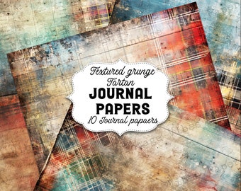 Junk journal papers Grunge tartan, rustic grungy plaid patterned textured collage pages for junk journalling & mixed media collage digital