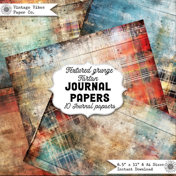 Junk journal papers Grunge tartan, rustic grungy plaid patterned textured collage pages for junk journalling & mixed media collage digital