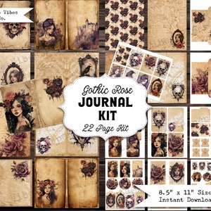 Vintage Gothic rose junk journal digital kit, goth printable scrapbook journal pages, gothic ephemera & ATC, gothic purple digital journal