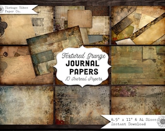Grungy Junk Journal background papers, grunge junk journal scrapbooking papers, vintage grunge textured digital paper kit for vintage style
