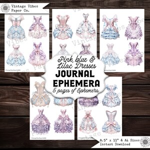 Vintage Dress Junk Journal Fussy Cut Ephemera Pieces, Pink, Blue
