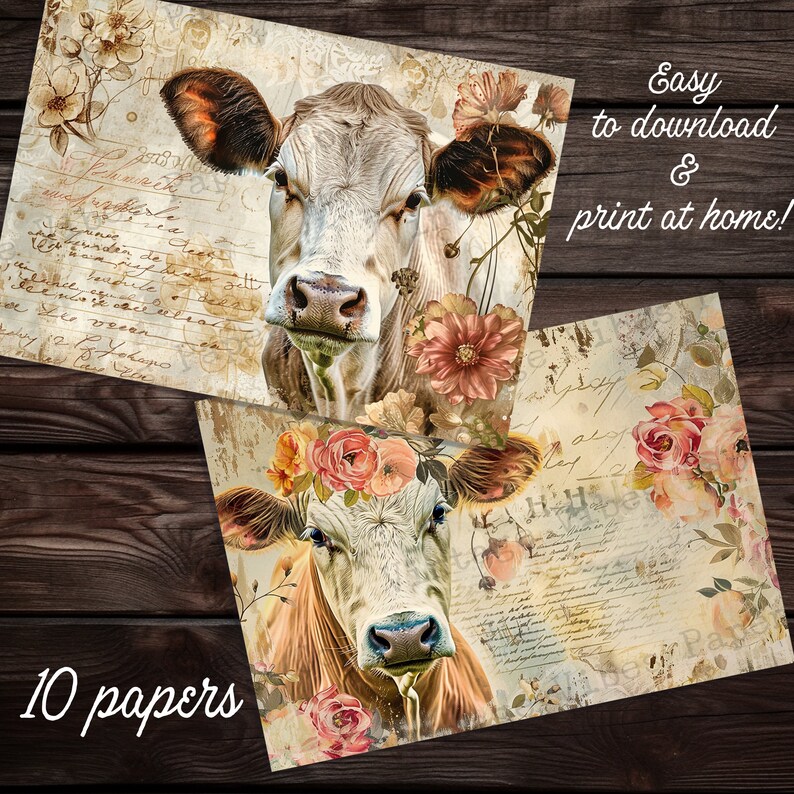 Vintage Floral Cows Junk Journal Papers, Botanical Flowery Cow Pages ...