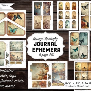 Junk journal cards grunge butterfly ephemrea kit, vintage butterflies Junk journal tags pockets atc and more, junk journal digital set