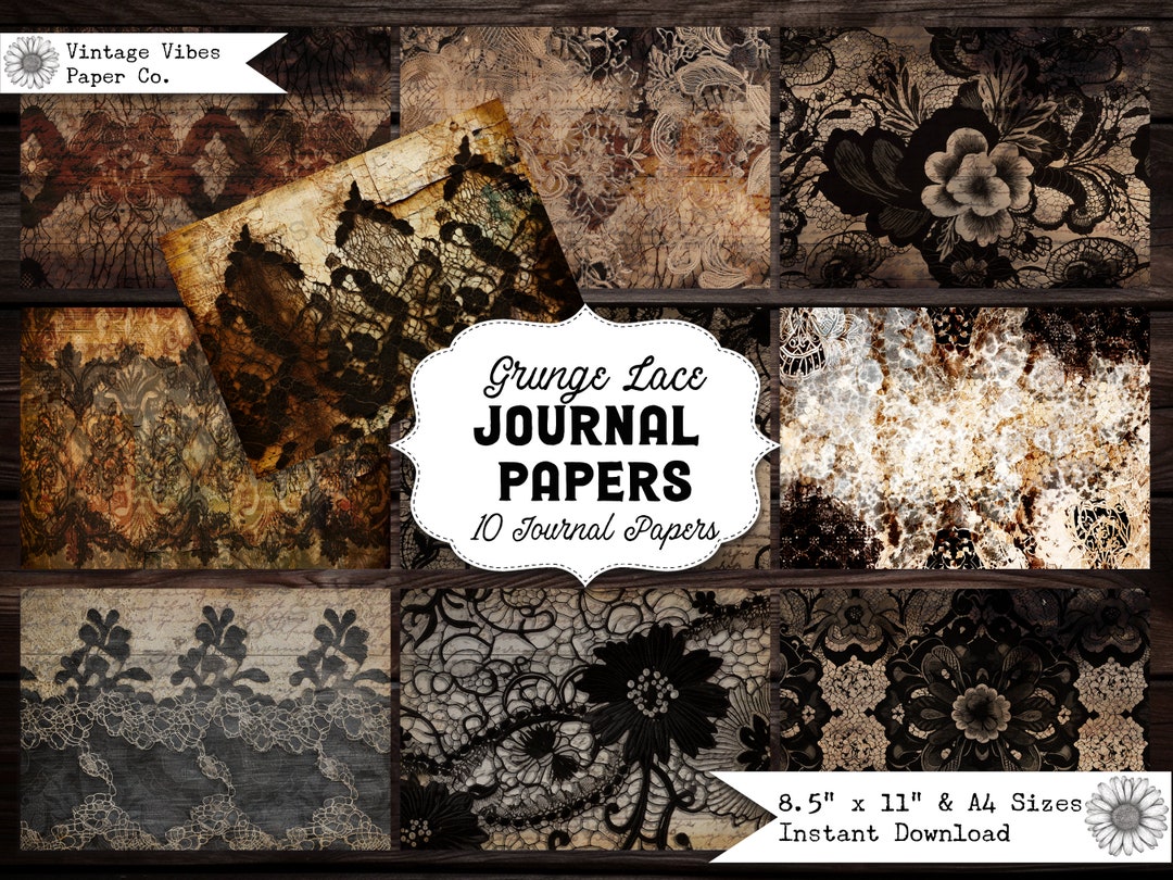 Junk Journal Grunge Papers, Grungy Dark Lace Textured Distressed Pages ...