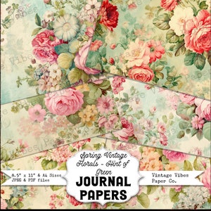 Junk Journal Papier Pack Frühling Blumen grün geblümt, Vintage Collage Blatt Hauch von grünen Blumen, bedruckbare Papiere für Junk Journal