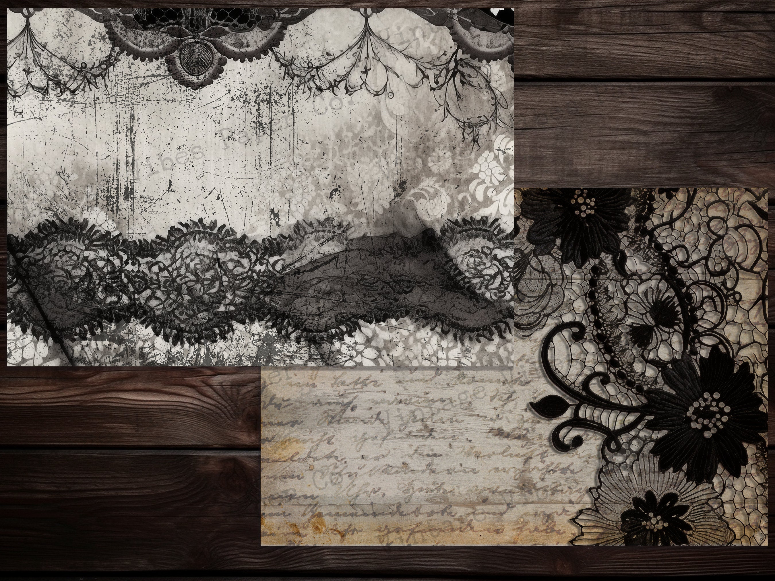 Junk Journal Papers Black and White Grunge Lace, Digital Pages for Junk ...
